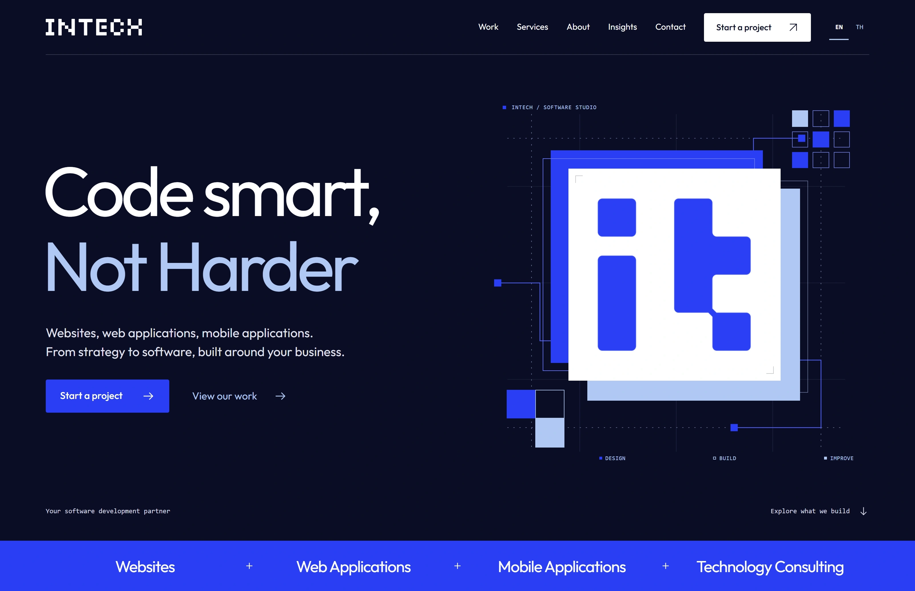 The current INTECH homepage with Code smart, Not Harder and the original blue lettermark on a white plane over layered brand artwork