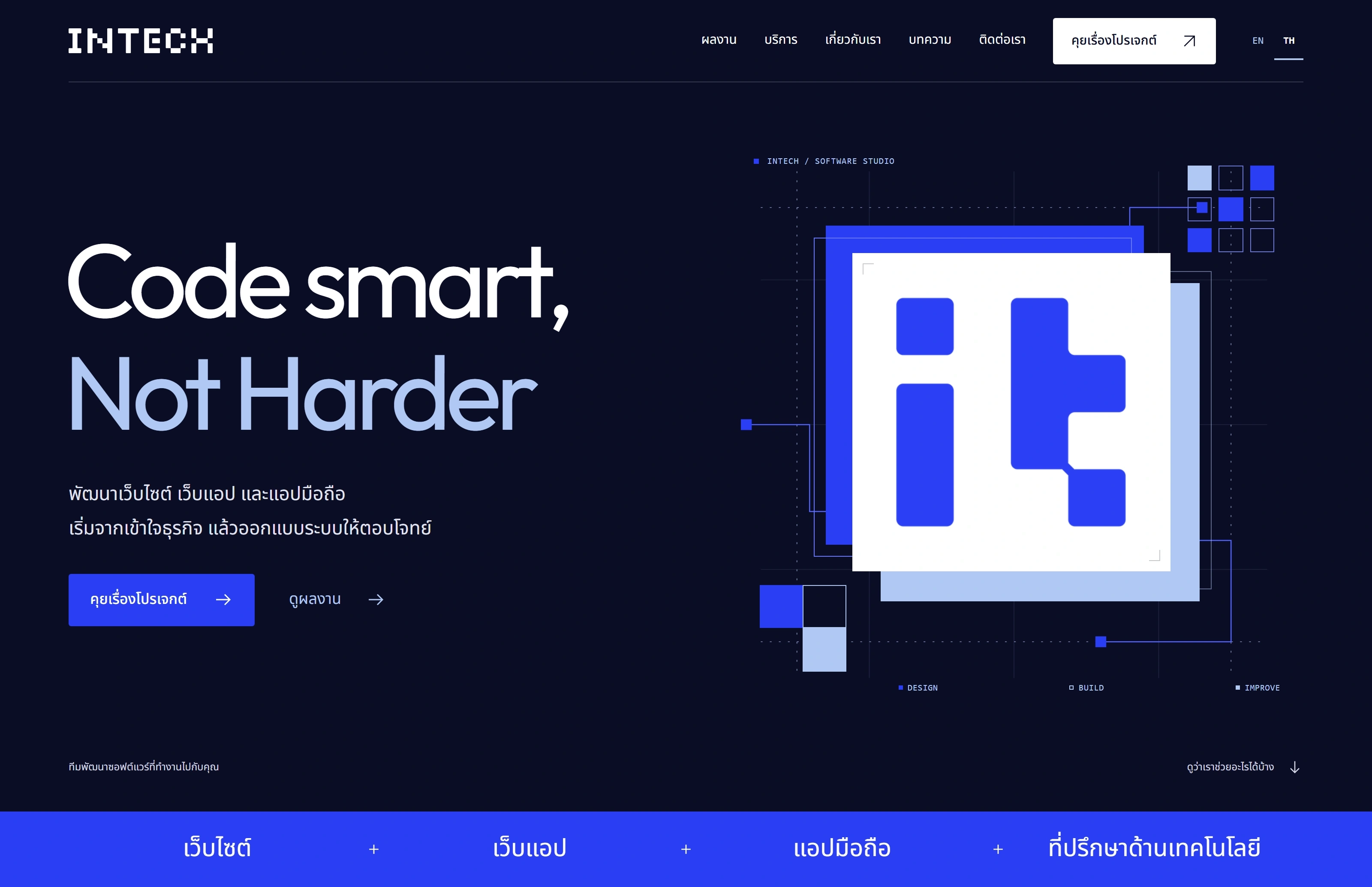 หน้าแรก INTECH ภาษาไทยเวอร์ชันปัจจุบัน พร้อมข้อความ Code smart, Not Harder และโลโก้สีน้ำเงินบนแผ่นสีขาวซ้อนกราฟิกแบรนด์