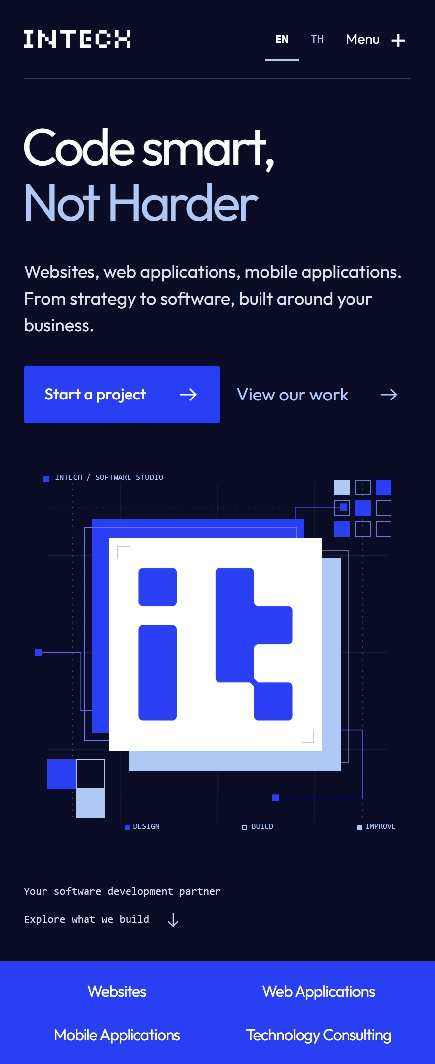 The English mobile homepage with the language switch, project links, and original INTECH lettermark artwork below the introduction