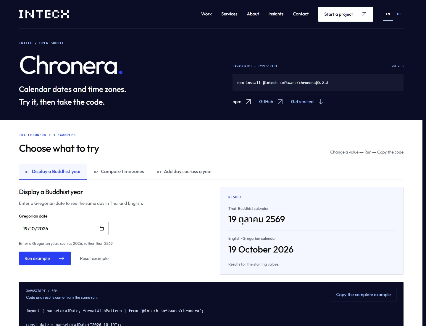 The Chronera playground showing the same date in Thai Buddhist and English Gregorian calendars, alongside input controls and code.