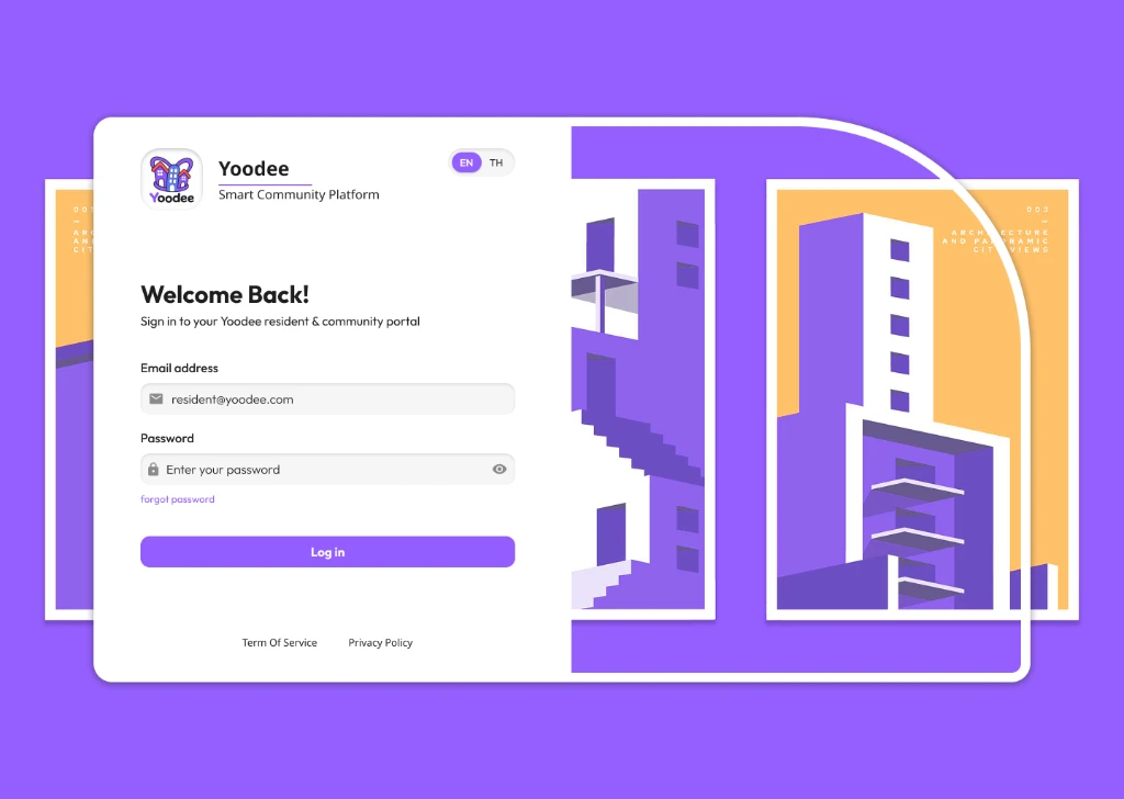 Yoodee Smart Community Platform management dashboard and resident portal interface with active development badge
